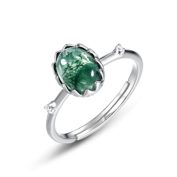 Summer fresh egg surface natural watercress agate ring S925 silver with green moss stone finger ring simple