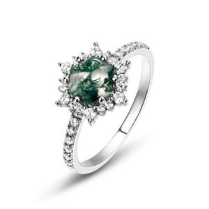 New S925 silver green moss ring female watercress agate fashion noble temperament wind