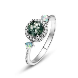 New S925 silver green moss ring watercress agate finger ring noble wind TikTok live with the same models