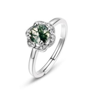 New S925 Silver Green Moss Ring Watercress Agate Finger Ring Fashion Light Luxury Style TikTok