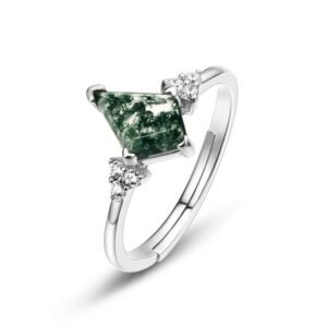 New S925 Silver Green Moss Ring Watercress Agate Finger Ring Fashion Amazon TikTok