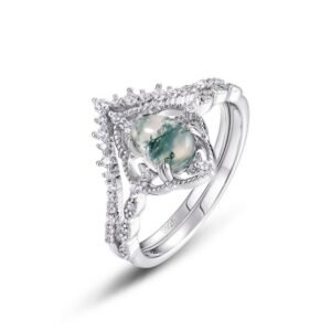 S925 Silver Pear Shape Green Moss Ring with Watercress Agate Stacking Finger Ring Fashion Light Luxury