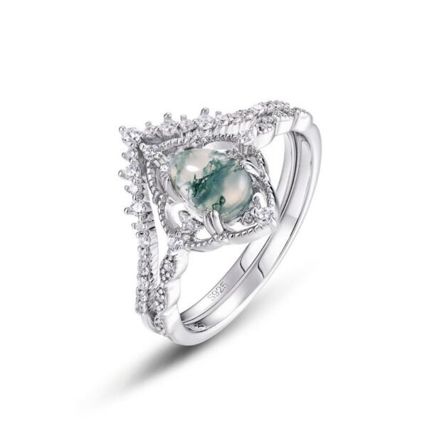 S925 Silver Pear Shape Green Moss Ring with Watercress Agate Stacking Finger Ring Fashion Light Luxury