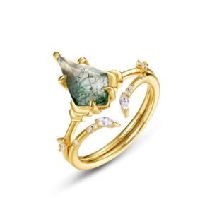 Geometric Natural Watercress Agate Ring S925 Silver with Kite Shaped Green Moss Stacking Ring Fashion