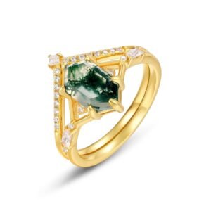 Geometric Natural Watercress Agate Index Ring S925 Silver with Green Moss Stone Combo Ring Light Luxury