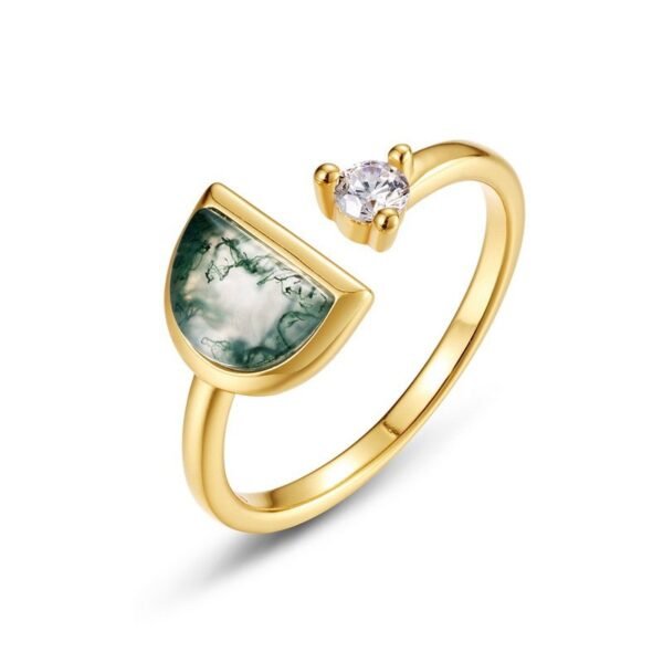 Geometric natural green moss stone ring women S925 silver with watercress agate index ring light luxury
