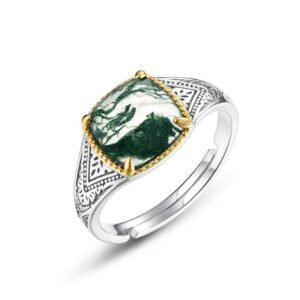 Geometric fashion watercress agate ring S925 silver natural green moss stone open ring atmosphere
