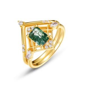 Stacked Natural Green Moss Stone Ring S925 Silver with Watercress Agate Butt Joint Light Luxury Style
