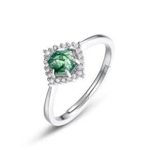 Natural geometric watercress agate open ring women's S925 silver full set colorful treasure personalized finger ring