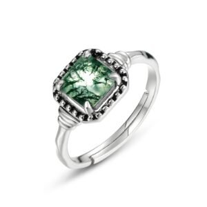 Natural Watercress Agate Vintage Ring S925 Silver Green Moss Geometric Finger Ring Simple Light Luxury