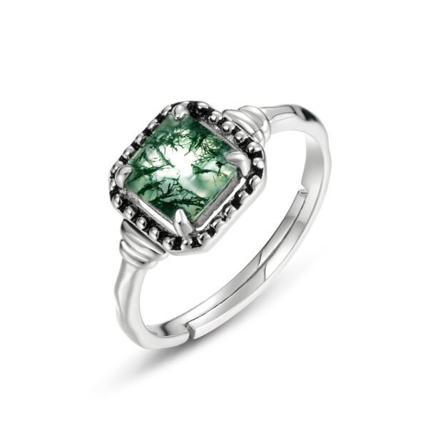 Natural Watercress Agate Vintage Ring S925 Silver Green Moss Geometric Finger Ring Simple Light Luxury