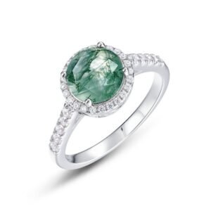 Natural watercress agate ring women S925 silver inlaid green moss stone finger ring personalized unique charm