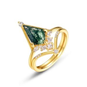 Natural Watercress Agate Combo Ring Children S925 Silver Geometric Green Moss Stone Pair Ring Light Luxury
