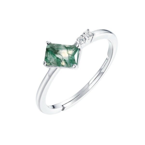 Natural Green Moss Stone Ring S925 Silver Unique Watercress Agate Open Ring Niche Personalized