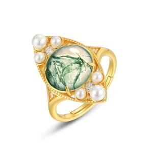 Natural Green Moss Index Ring S925 Silver Plated 10K Gold Aqua Agate Ring Light Luxury Style