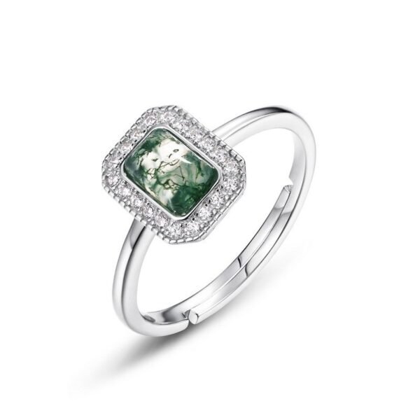 Square natural watercress agate ring S925 silver surrounded by green moss stone open ring fashion customized