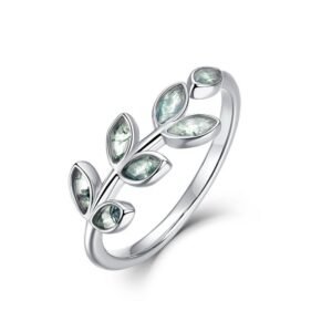 Tree Leaf Natural Watercress Agate Ring S925 Silver Inlaid Green Moss Stone Index Ring Fashion