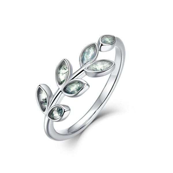 Tree Leaf Natural Watercress Agate Ring S925 Silver Inlaid Green Moss Stone Index Ring Fashion