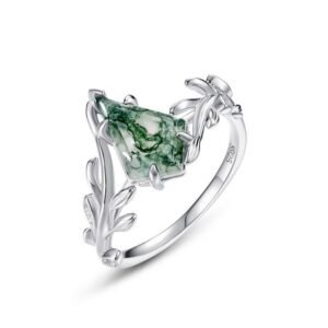Olive Branch Natural Green Moss Stone Ring S925 Silver with Aqua Agate Geometric Index Ring
