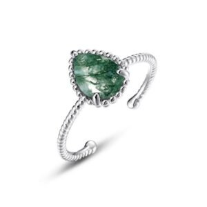 Water drop natural watercress agate ring women S925 silver inlaid green moss open ring personalized