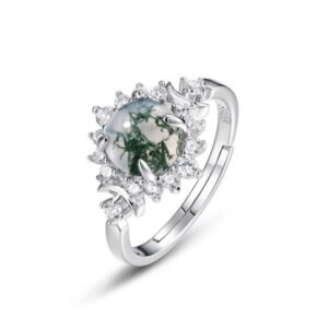 Watercress agate ring green moss full set white zirconium sunflower S925 silver open finger ring wind