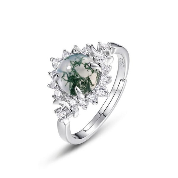 Watercress agate ring green moss full set white zirconium sunflower S925 silver open finger ring wind