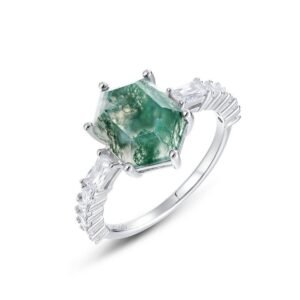 Unique Geometric Natural Watercress Agate Stone Ring S925 Silver Green Moss Fashion Finger Ring Style