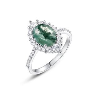Unique charm watercress agate ring S925 silver green moss fashion finger ring simple atmosphere