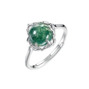 Unique charm green moss ring S925 silver inlaid watercress agate open ring wind fashion