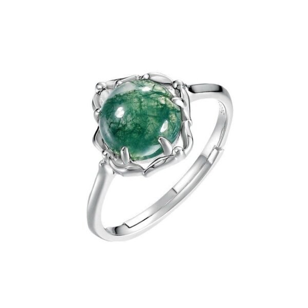 Unique charm green moss ring S925 silver inlaid watercress agate open ring wind fashion