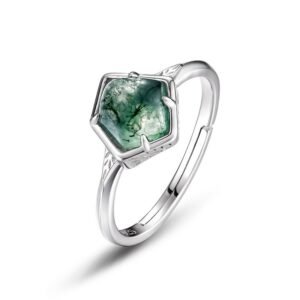 Spot S925 silver geometric green moss ring women's lightweight fashion watercress agate finger ring style