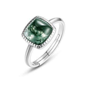 Sugar Tower Natural Watercress Agate Ring S925 Silver with Green Moss Stone Finger Ring Simple Customized
