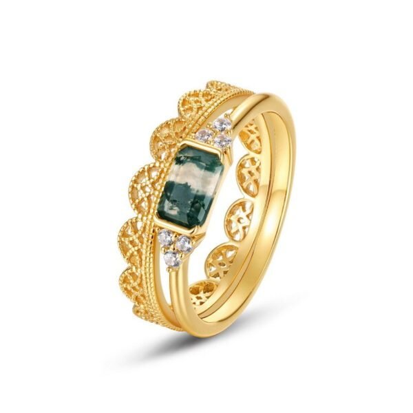 Light Luxury Natural Watercress Agate Ring S925 Silver Gold Plated Green Moss Stone Stacked Index Ring Customized