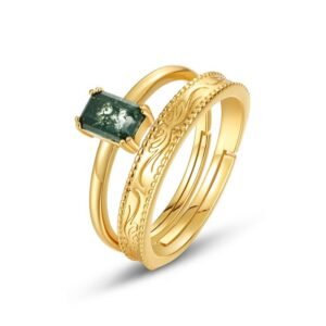Light luxury fashion natural green moss stacking ring women S925 silver gold-plated watercress agate open ring