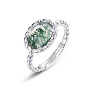Twist claw set natural green moss stone ring S925 silver with watercress agate open ring simple female