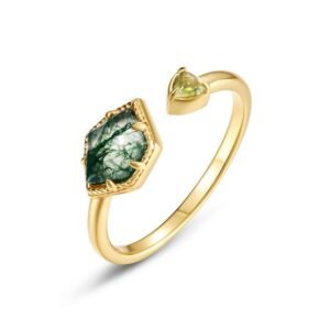 Irregular Geometric Natural Green Moss Stone Ring S925 Silver Plated 10K Gold Aqua Agate Open Ring