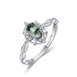 Section personalized egg surface natural watercress agate ring S925 silver with green moss stone open ring light luxury