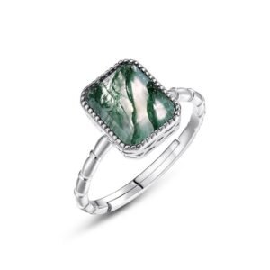 Model atmosphere fashion green moss ring S925 silver inlaid geometric watercress agate open ring light luxury