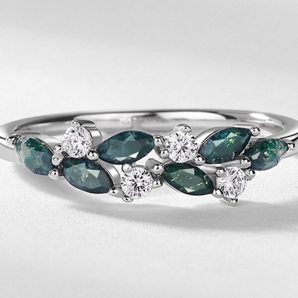 Section small fresh geometric leaves green moss stone ring S925 silver natural watercress agate index finger ring simple