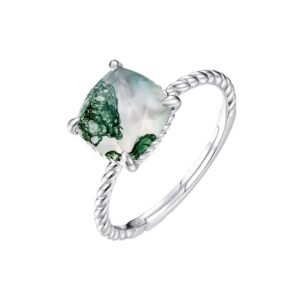 Section twist ring wall set watercress agate ring S925 silver natural green moss stone open ring atmosphere