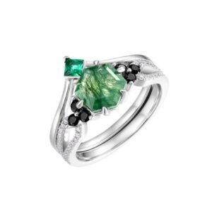 Hot Pick Geometry Natural Watercress Agate Stacking Ring S925 Silver with Green Moss Stone Pair Ring Wind