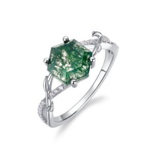 Hot Pick Geometry Natural Watercress Agate Ring Women's S925 Silver Inlaid Unique Green Moss Stone Finger Ring