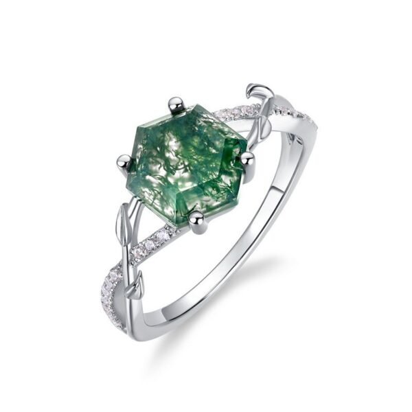 Hot Pick Geometry Natural Watercress Agate Ring Women's S925 Silver Inlaid Unique Green Moss Stone Finger Ring