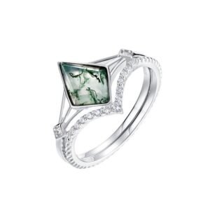 Hot Pick Stacking Geometric Watercress Agate Ring S925 Silver Natural Green Moss Stone Combo Ring Simple