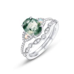 Hot pick natural watercress agate stacking ring women S925 silver inlaid green moss stone pair ring light luxury