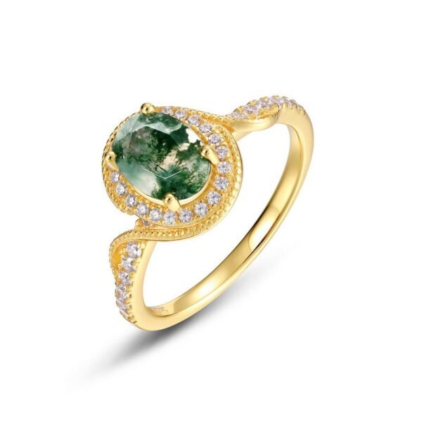 Hot Pick Natural Watercress Agate 10K Gold Plated Ring S925 Silver Inlaid Green Moss Finger Ring Light Luxury