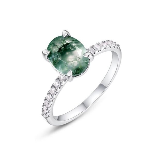 Hot pick simple natural watercress agate ring S925 silver claw inlay green moss light luxury fashion with a variety of