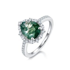 S925 silver natural watercress agate ring water drop green moss finger ring light luxury fashion