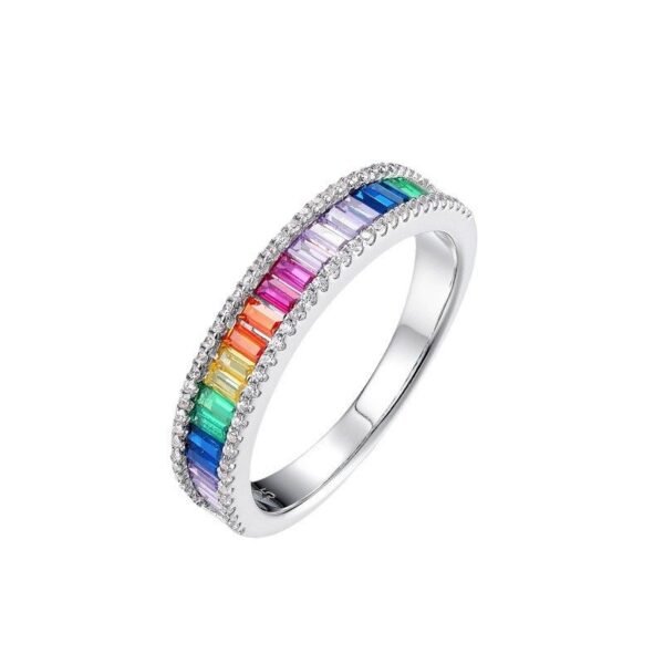 Hot pick dopamine fashion rainbow zirconia ring S925 silver full set colorful treasure finger ring simple and versatile