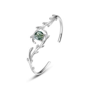 New S925 sterling silver bracelet green moss stone watercress agate open bracelet silver jewelry fashion light luxury